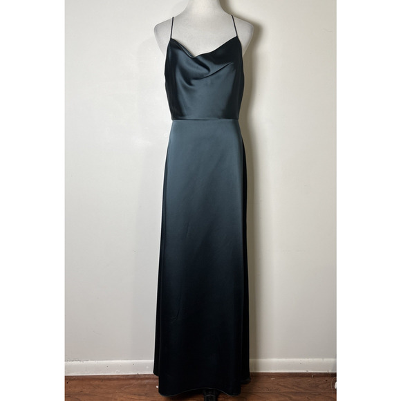 Dessy Collection Bridesmaid Slip Dress Size 6 Green Satin Cowl Neck Strappy Maxi - Picture 1 of 10